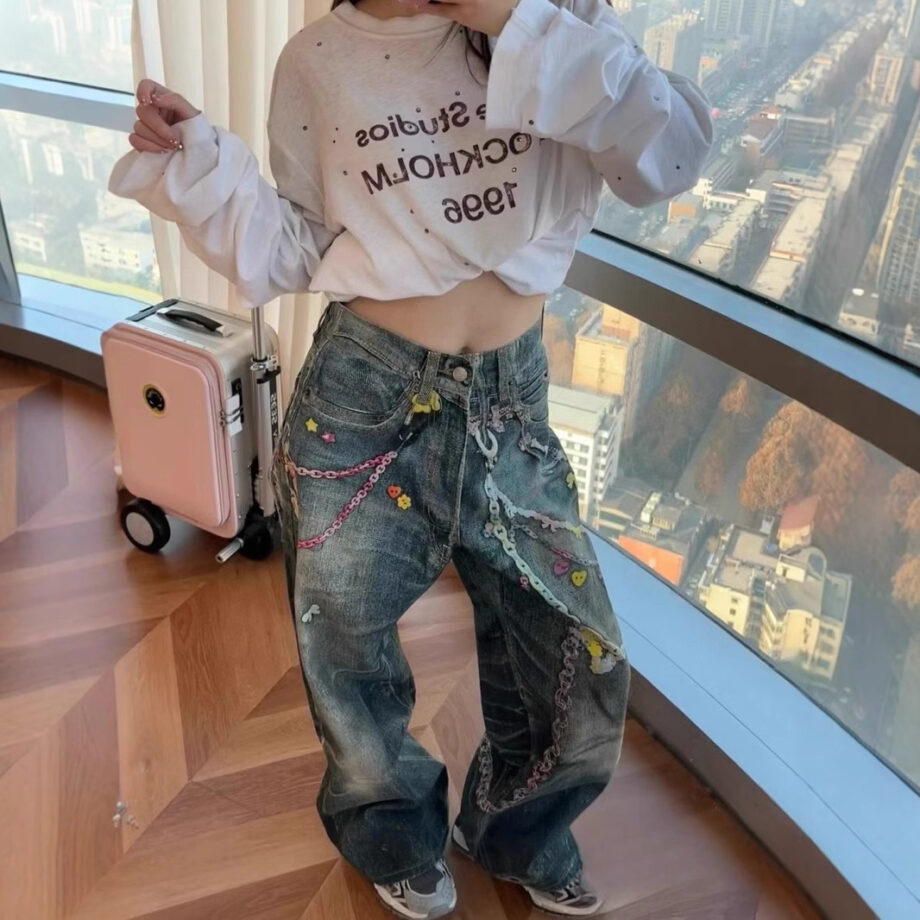 Loose Fit Jeans with 3D candy chain printed