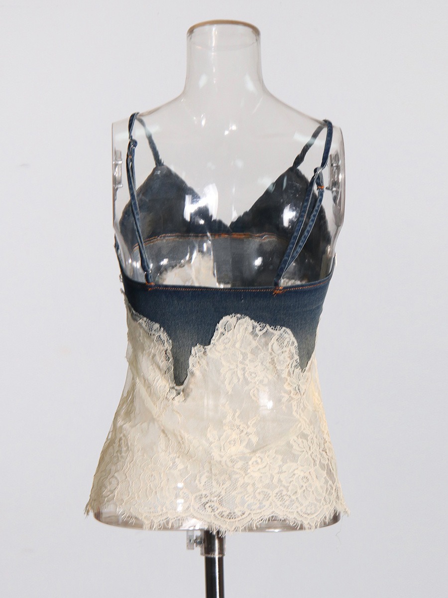 Lace patchwork camisole top+ denim shorts