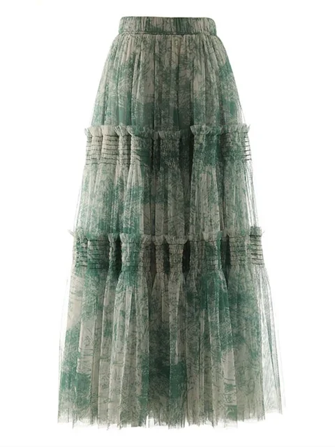 Vintage Printing Mesh Spliced Skirt
