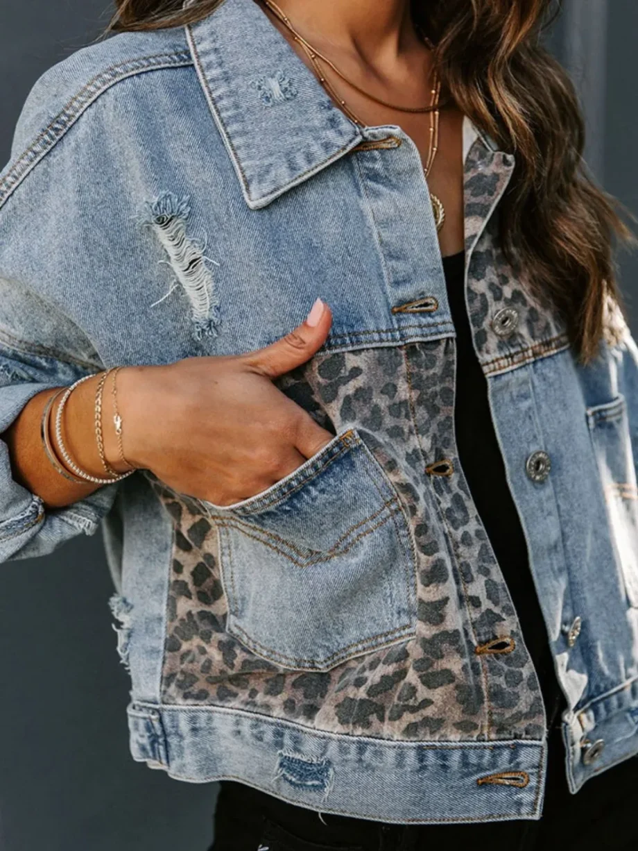 Leopard print patchwork ripped denim jacket