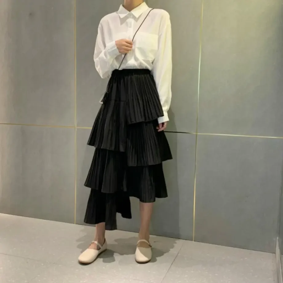 Korean Irregular Hem Pleated Skirt