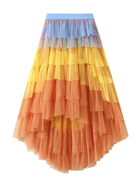 Irregular Mesh Gradient Color Pleated Skirts