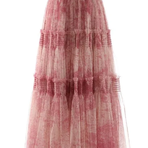 Vintage Printing Mesh Spliced Skirt