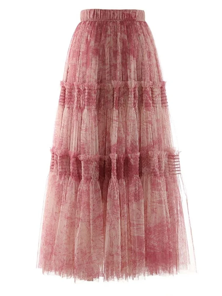 Vintage Printing Mesh Spliced Skirt