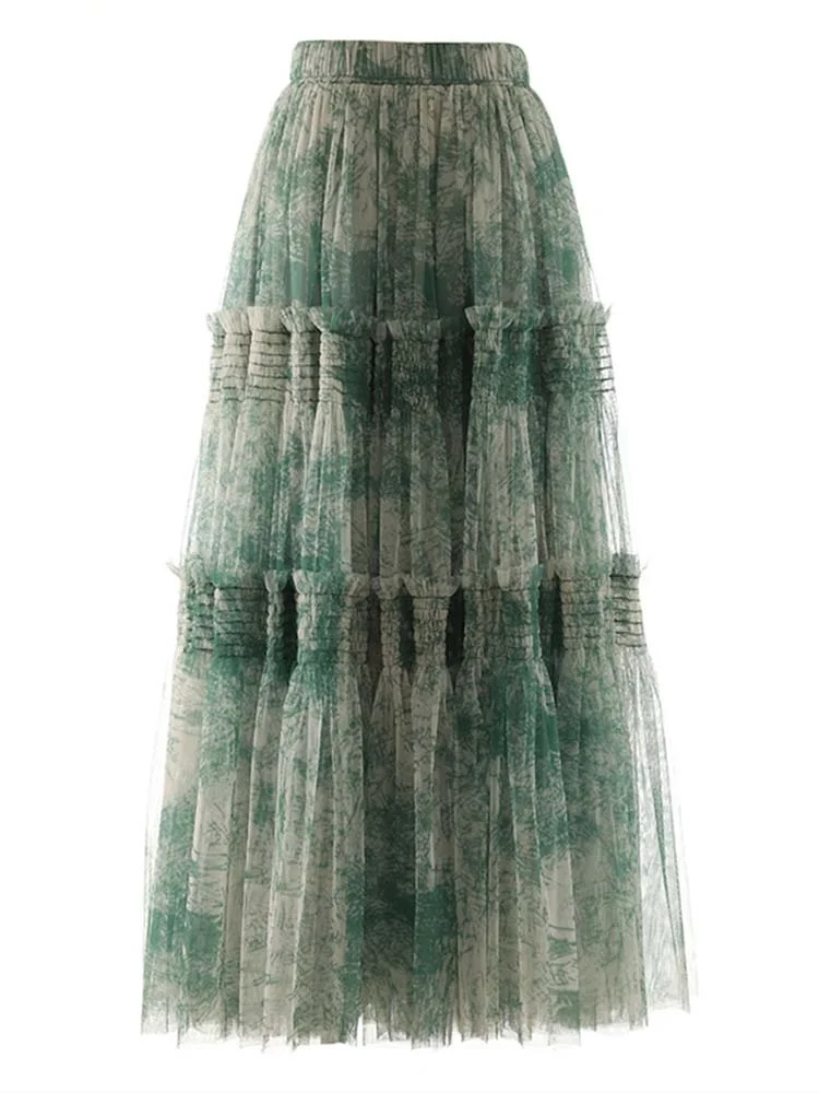 Vintage Printing Mesh Spliced Skirt