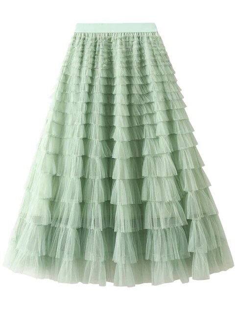 Mesh Ruffle Skirts Women's Temperament Elastic Waist Multi Layers Solid Color Party Cake Sweet Skirt