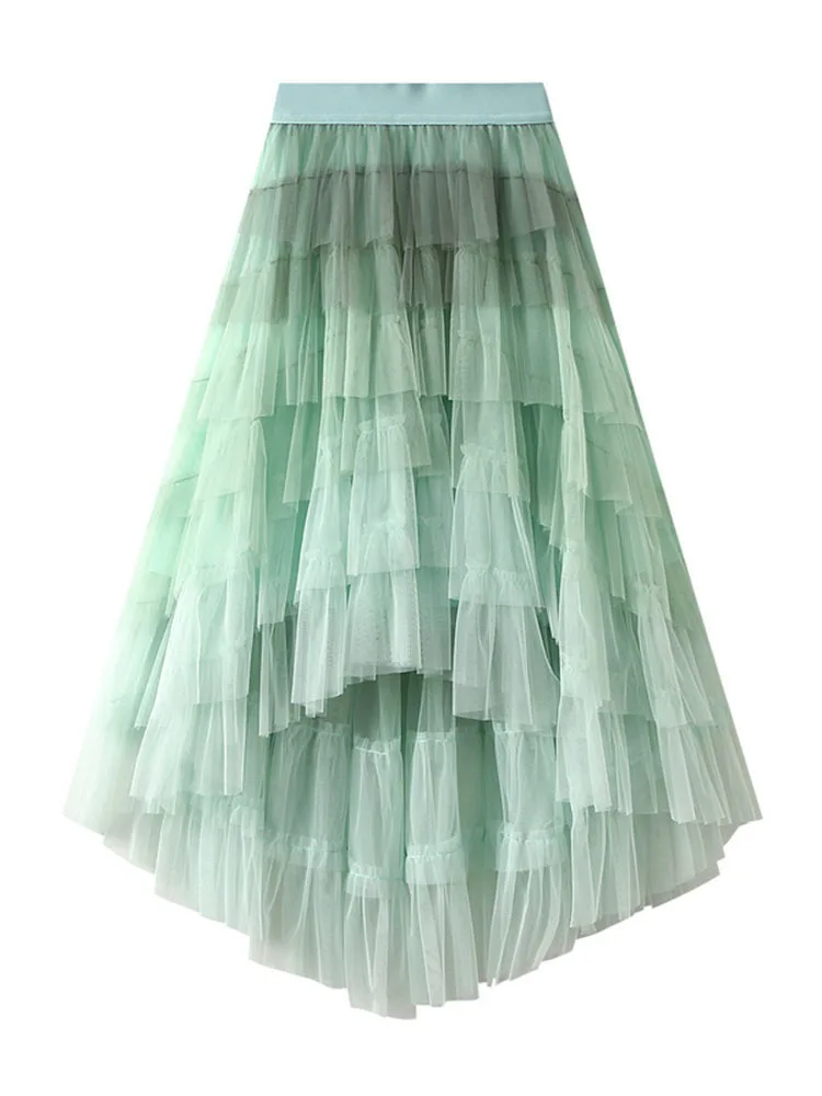 Irregular Mesh Gradient Color Pleated Skirts