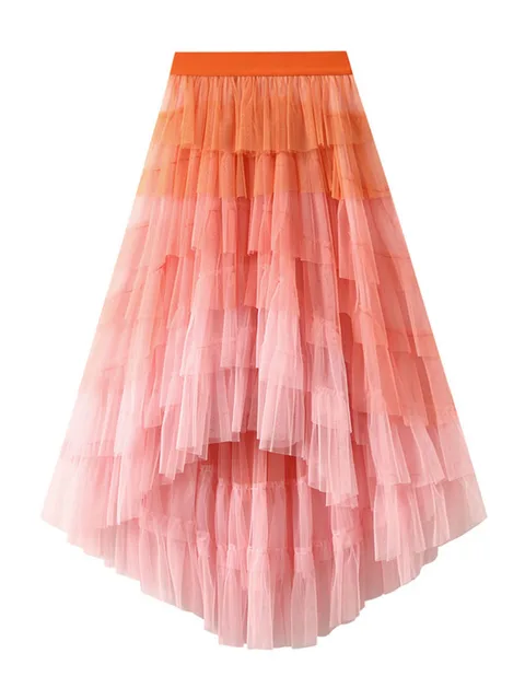Irregular Mesh Gradient Color Pleated Skirts