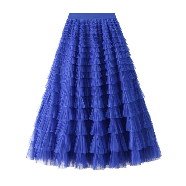 Mesh Ruffle Skirts Women's Temperament Elastic Waist Multi Layers Solid Color Party Cake Sweet Skirt
