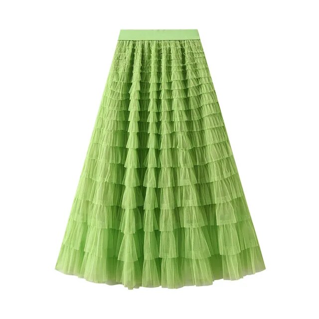Mesh Ruffle Skirts Women's Temperament Elastic Waist Multi Layers Solid Color Party Cake Sweet Skirt